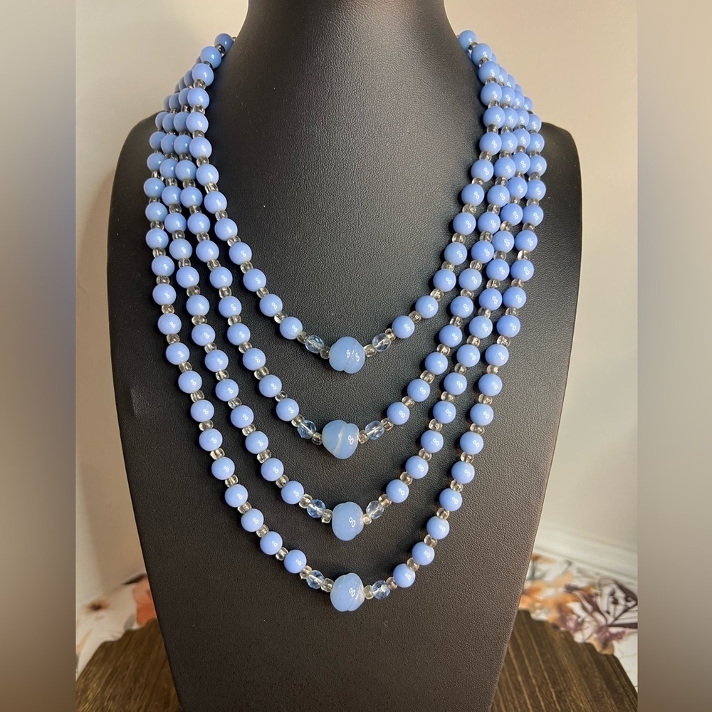 Vintage Blue Glass & Acrylic Necklace w/Hook Clasp 16” D11